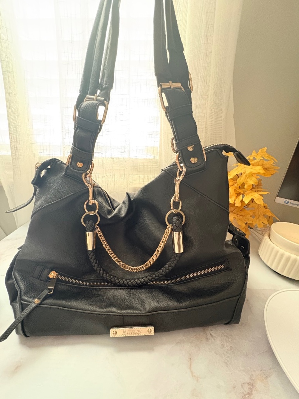 Miss Gustto Black Faux Leather Hobo Bag with Gold Chain & Braided Details